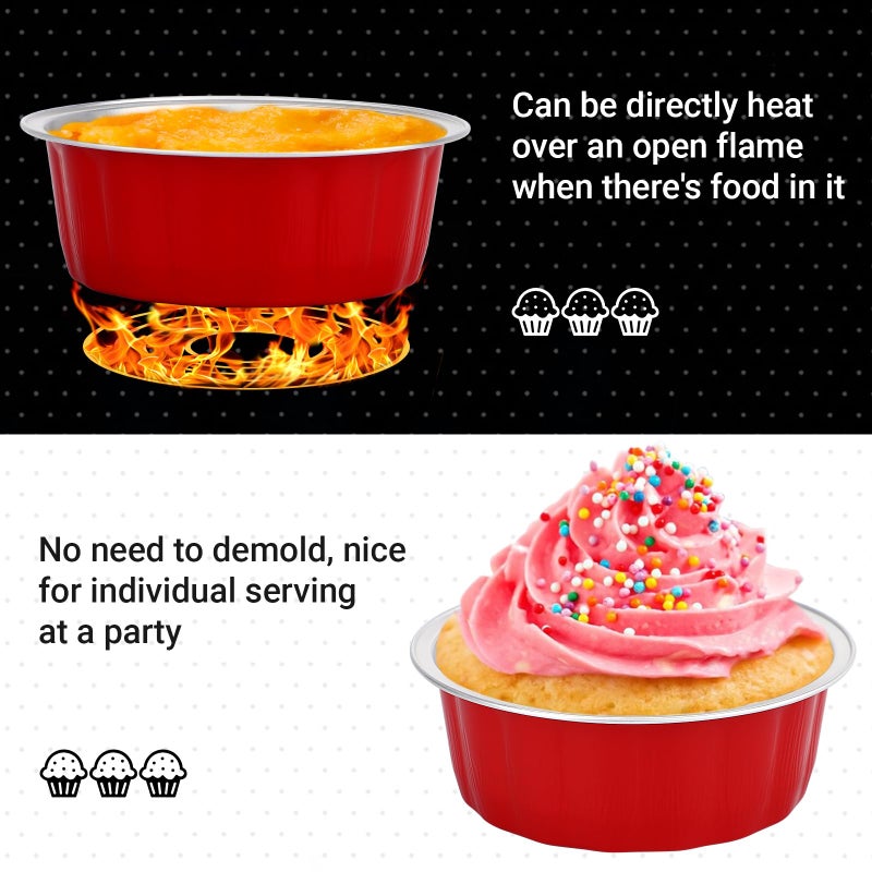 Beasea Disposable Aluminum Foil Cups 100 Pack, 8 oz 235ml 3.9" Bake Ramekin Cup Muffin Cupcake Baking Cup Mini Pudding Cups for Party Wedding Birthday - Red - Image 4